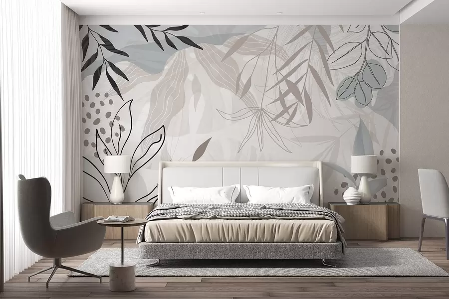 Wall Mural Photo Wallpaper Abstract floral modern design with pastel beige, gray, blue and black leaves, delicate line art and soft background  w09105