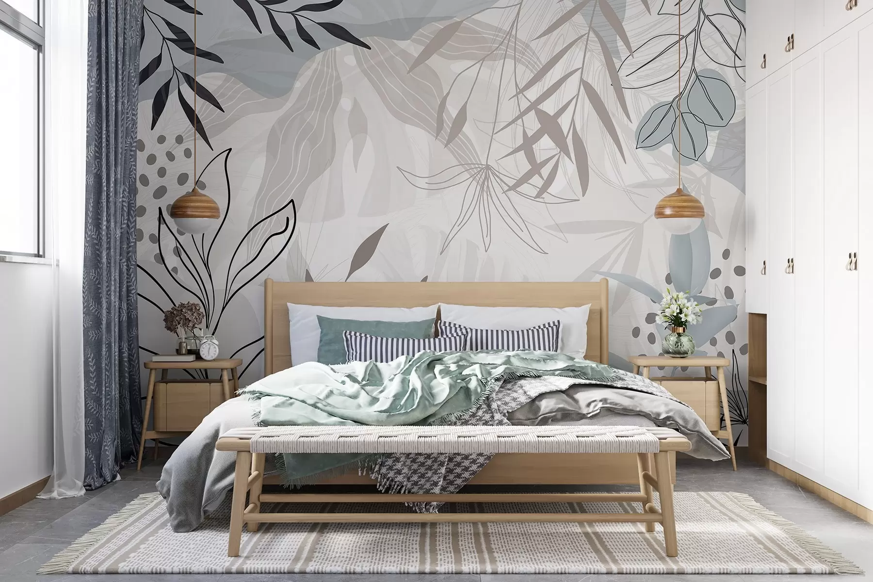 peintures murales Motif floral abstrait moderne avec des feuilles pastel beiges, grises, bleues et noires, un dessin au trait délicat et un arrière-plan doux w09105