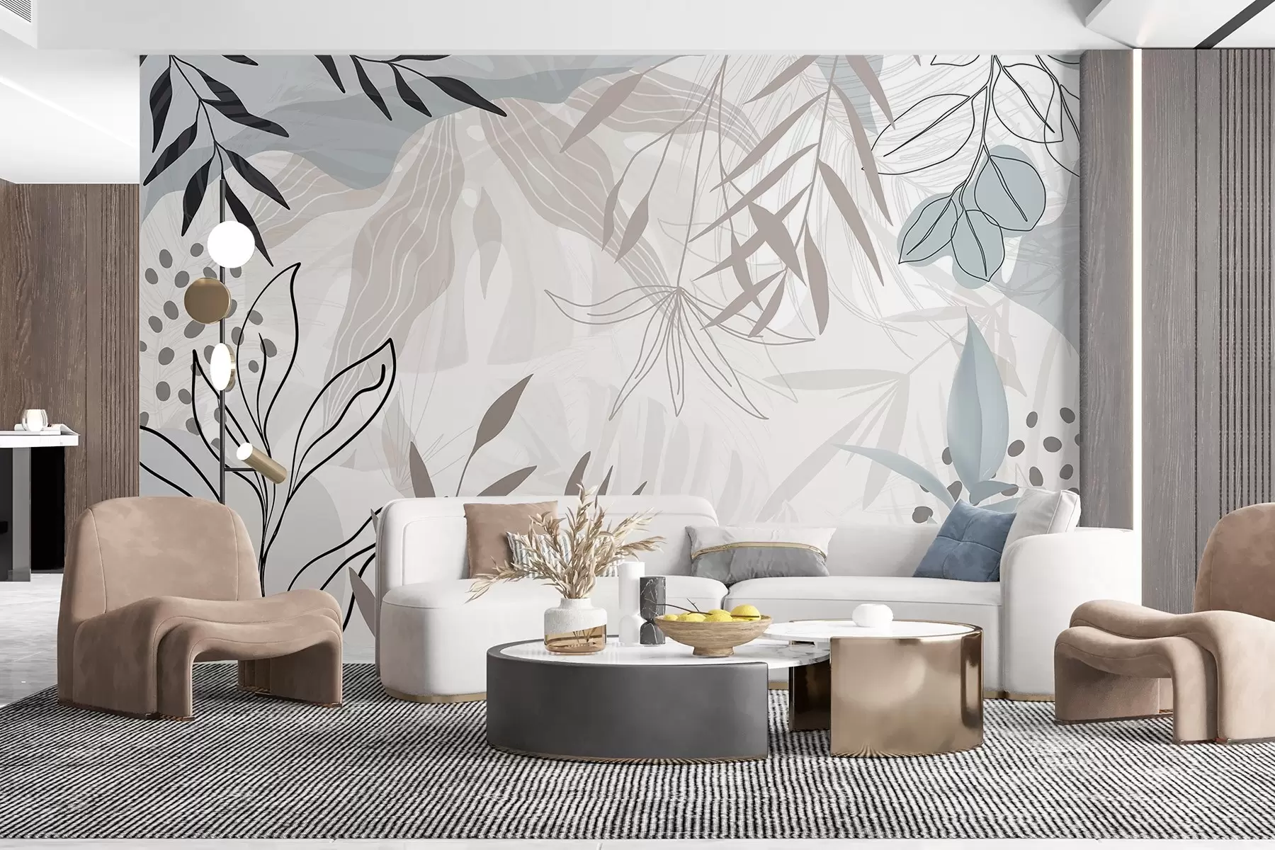 peintures murales Motif floral abstrait moderne avec des feuilles pastel beiges, grises, bleues et noires, un dessin au trait délicat et un arrière-plan doux w09105