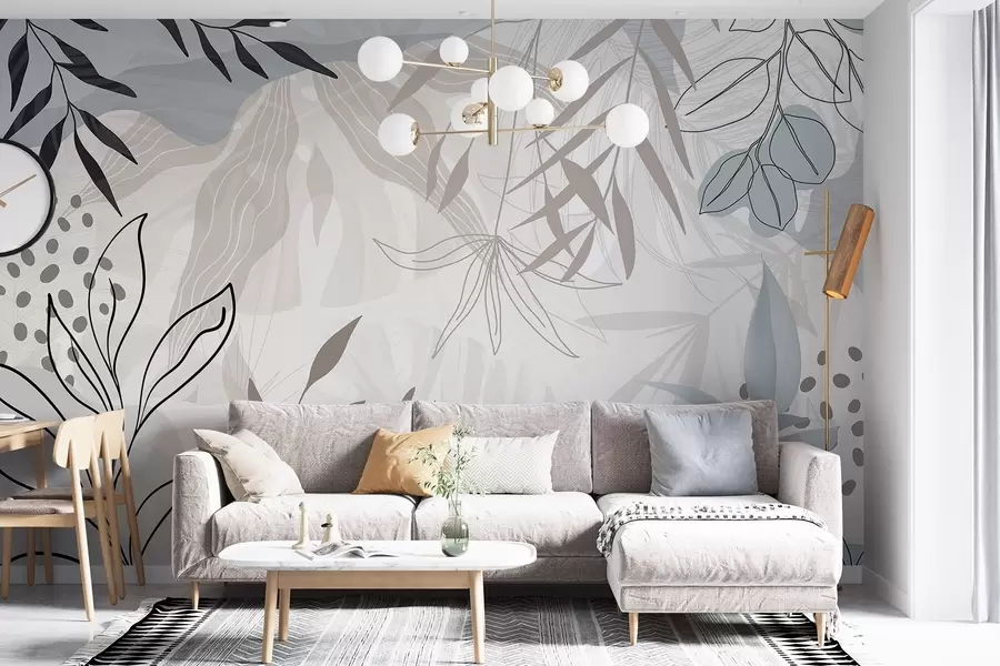 Wall Mural Photo Wallpaper Abstract floral modern design with pastel beige, gray, blue and black leaves, delicate line art and soft background  w09105