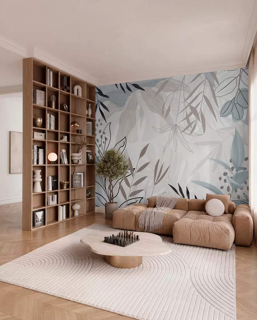 Wall Mural Photo Wallpaper Abstract floral modern design with pastel beige, gray, blue and black leaves, delicate line art and soft background  w09105
