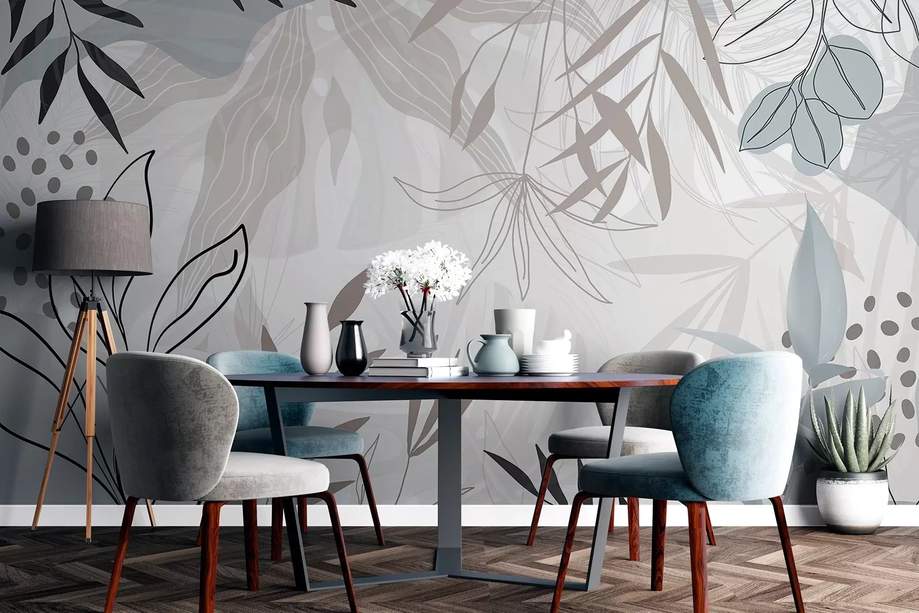 wall murals Abstract floral modern design with pastel beige, gray, blue and black leaves, delicate line art and soft background w09105