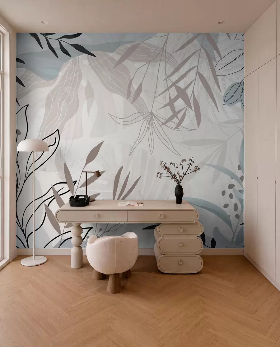 wall murals Abstract floral modern design with pastel beige, gray, blue and black leaves, delicate line art and soft background w09105