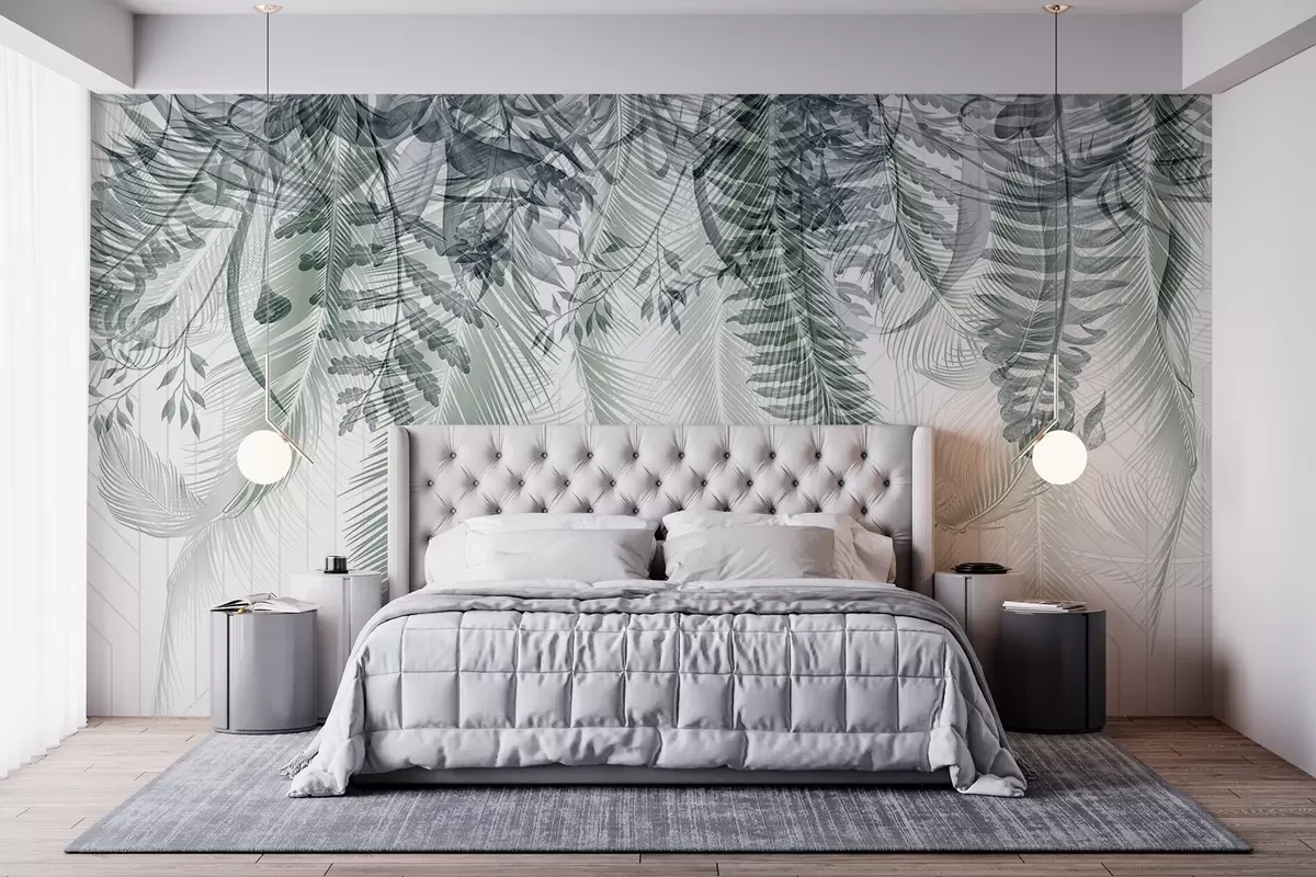 Wall Mural Photo Wallpaper Delicate falling tropical fern and palm leaves, geometric background, soft light, muted colors, elegant  w09106