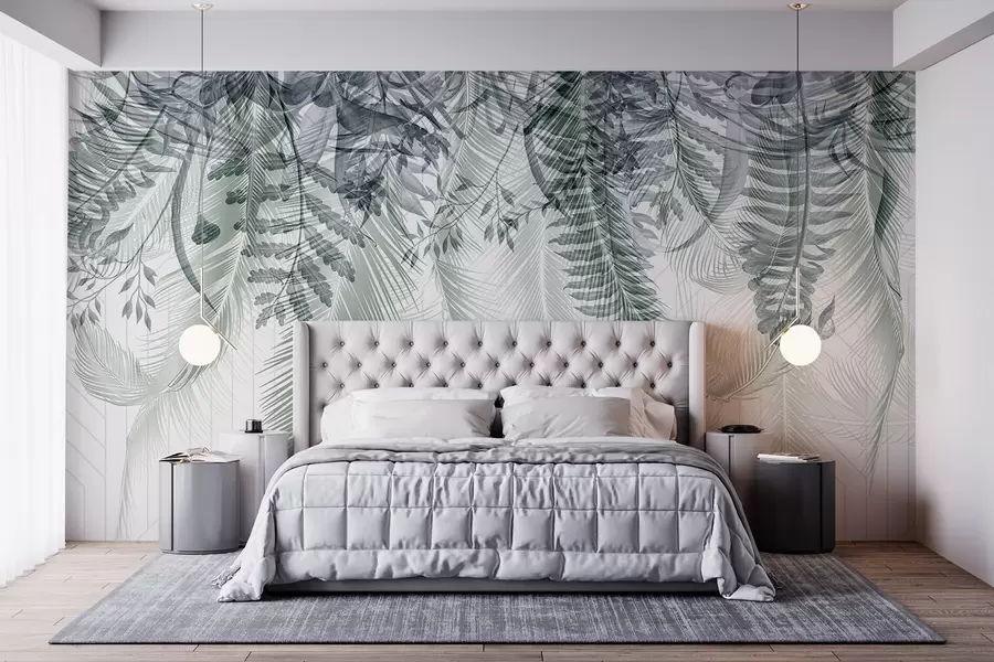 Wall Mural Photo Wallpaper Delicate falling tropical fern and palm leaves, geometric background, soft light, muted colors, elegant  w09106