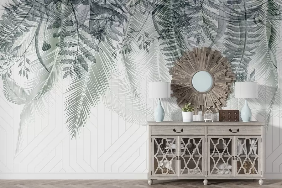 Wall Mural Photo Wallpaper Delicate falling tropical fern and palm leaves, geometric background, soft light, muted colors, elegant  w09106
