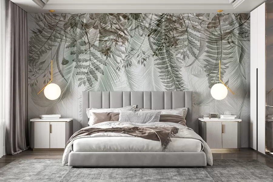 Wall Mural Photo Wallpaper Delicate falling tropical fern and palm leaves, geometric background, soft light, muted colors, elegant w09106v1
