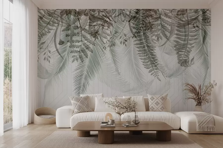 murales Delicada caída de helechos tropicales y hojas de palmera, fondo geométrico, luz suave, colores apagados, elegante w09106v1