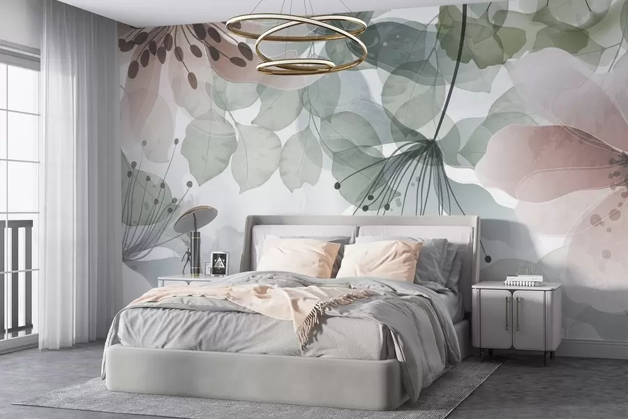 wall murals Flowers and leaves in pastel colors, translucent petals and leaves, soft watercolor effect, delicate lines, white background w09107