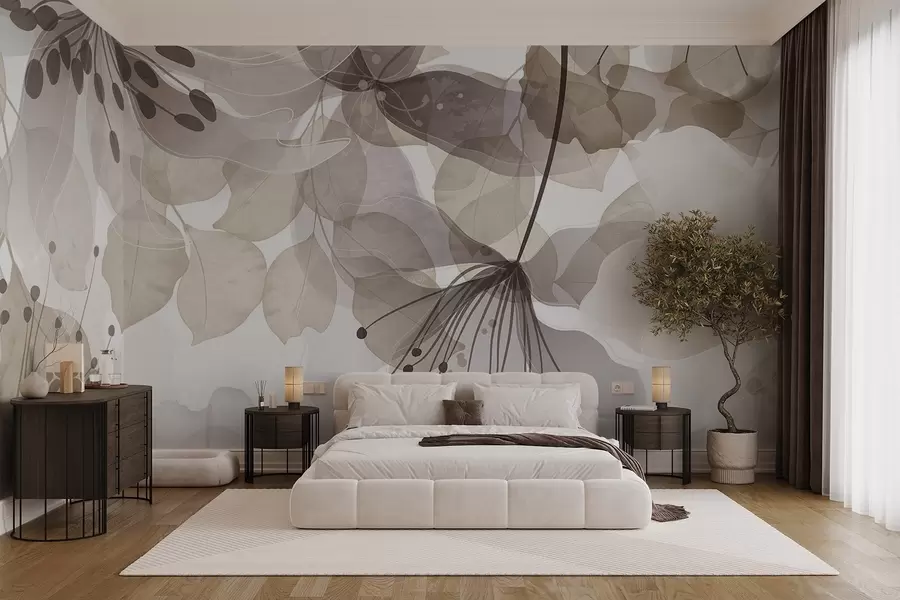 Wall Mural Photo Wallpaper Flowers and leaves in beige colors, translucent petals and leaves, soft watercolor effect, delicate lines, white background w09107v1