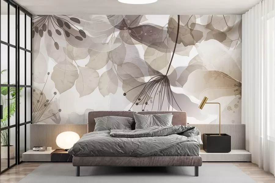 murales Flores y hojas en colores beige, pétalos y hojas translúcidos, suave efecto acuarela, líneas delicadas, fondo blanco w09107v1