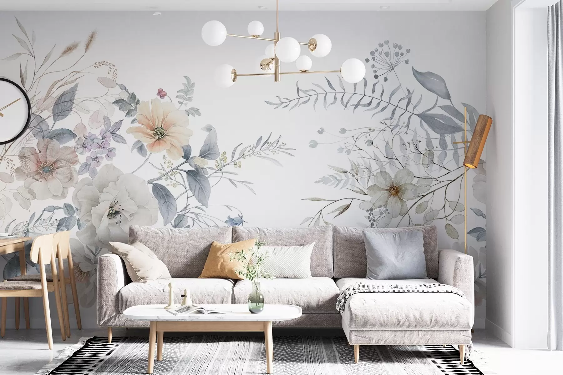 wall murals Floral arrangement in watercolor painting style  with white, peach and blue flowers, delicate greenery on a white background w09108