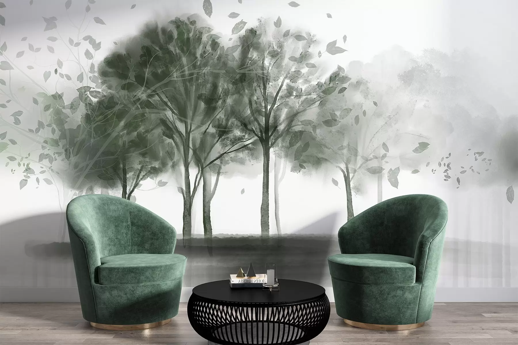 murales Paisaje abstracto con árboles de hojas verdes reflejándose en el agua, en estilo acuarela texturizada w09109