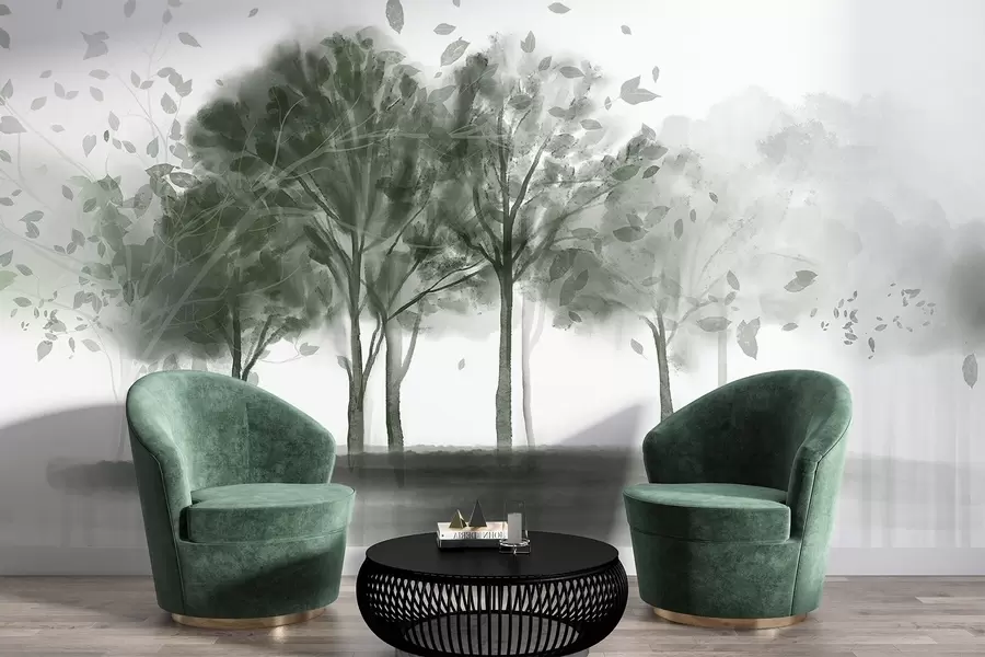 murales Paisaje abstracto con árboles de hojas verdes reflejándose en el agua, en estilo acuarela texturizada w09109