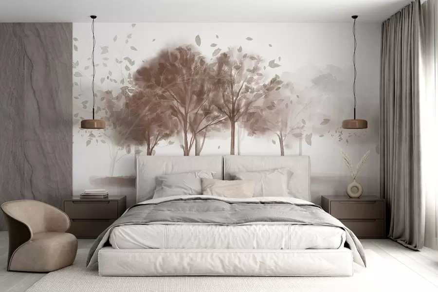 Wall Mural Photo Wallpaper Abstract landscape with trees with brown leaves reflecting in the water, in watercolor textured style w09109v1