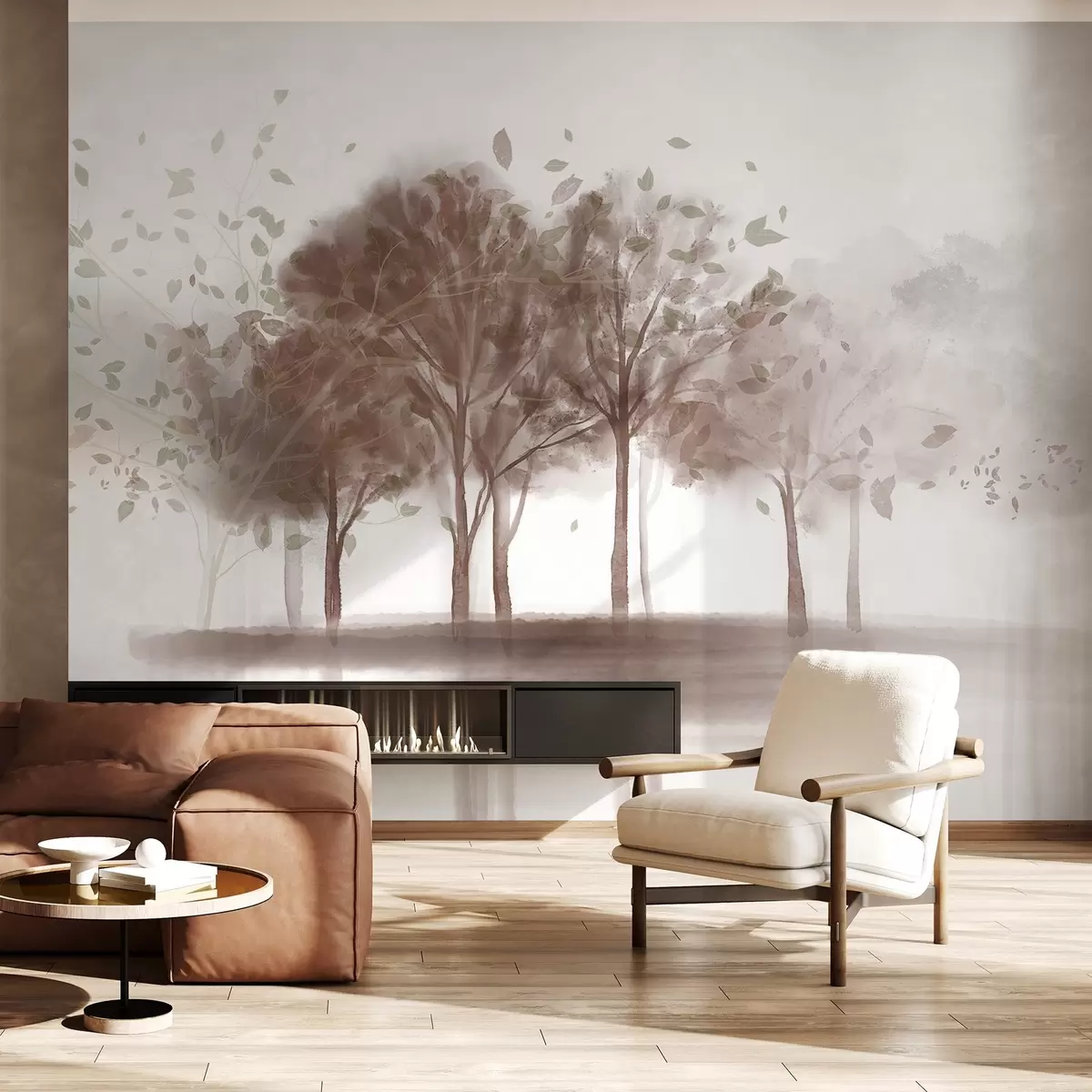 Wall Mural Photo Wallpaper Abstract landscape with trees with brown leaves reflecting in the water, in watercolor textured style w09109v1