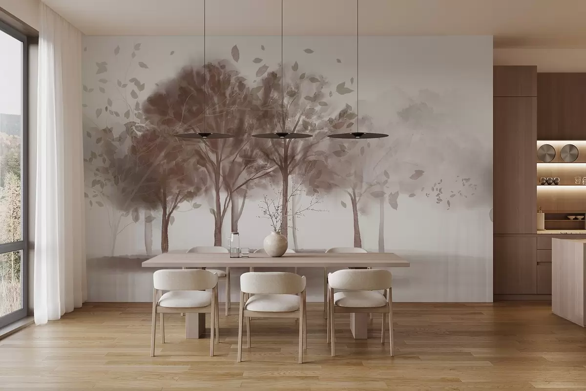 wall murals Abstract landscape with trees with brown leaves reflecting in the water, in watercolor textured style w09109v1