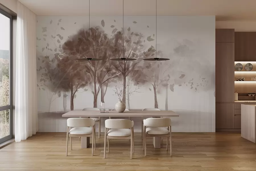 peintures murales Paysage abstrait avec des arbres aux feuilles brunes se reflétant dans l'eau, en style aquarelle texturée w09109v1