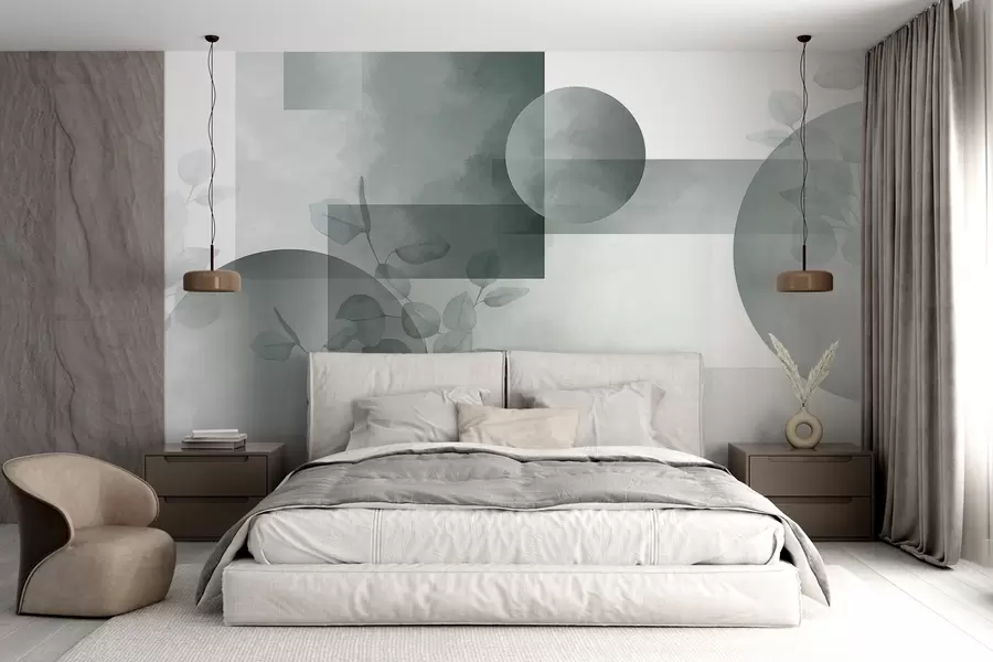 Wall Mural Photo Wallpaper Abstract modern minimalistic geometric design with circles and rectangles, eucalyptus leaves, watercolor effect w09110