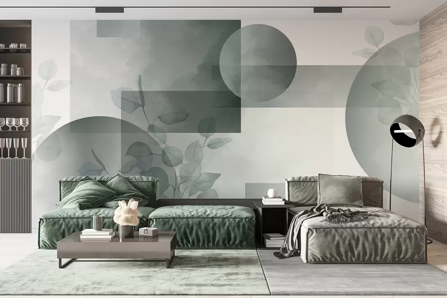 Wall Mural Photo Wallpaper Abstract modern minimalistic geometric design with circles and rectangles, eucalyptus leaves, watercolor effect w09110