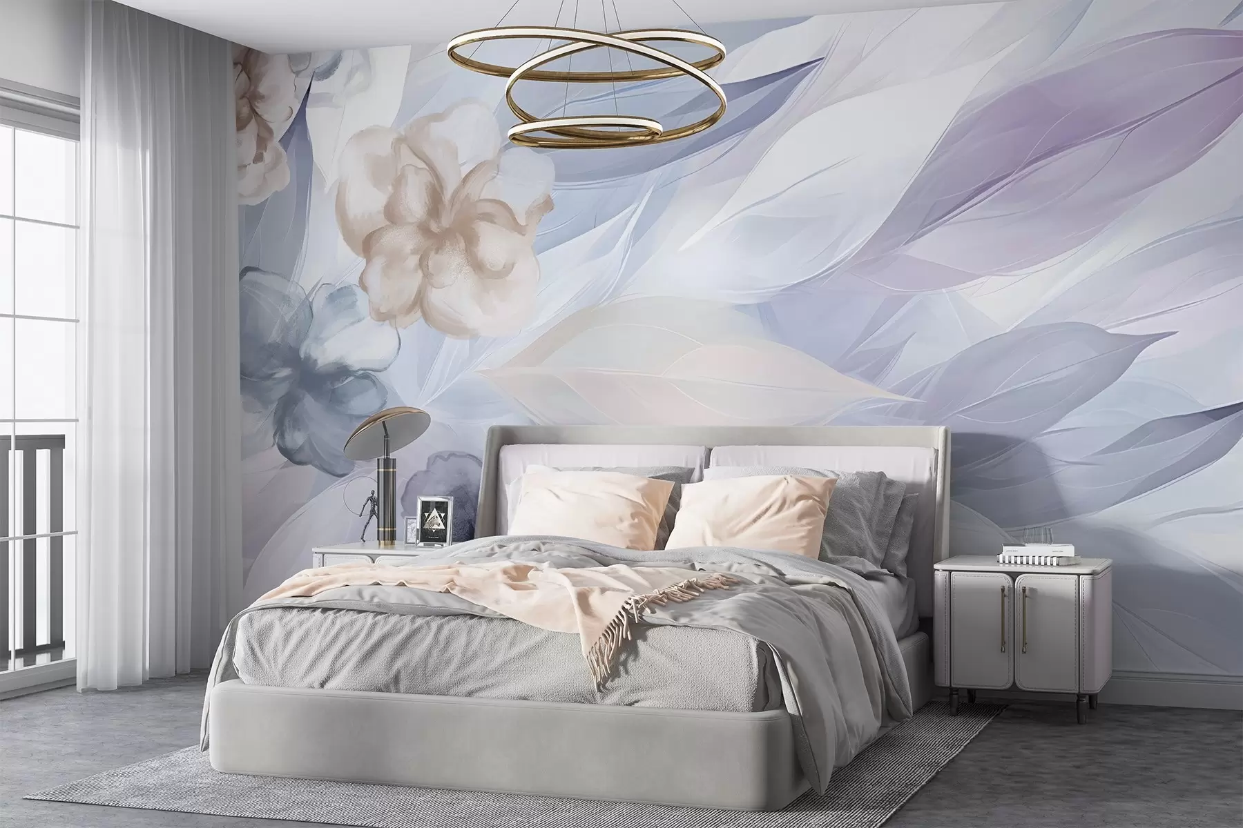 Wall Mural Photo Wallpaper Delicate flowers and leaves in shades of white, blue, purple and beige floral background , soft colors, delicate petals w09111