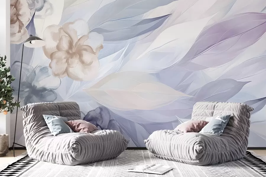 Wall Mural Photo Wallpaper Delicate flowers and leaves in shades of white, blue, purple and beige floral background , soft colors, delicate petals w09111