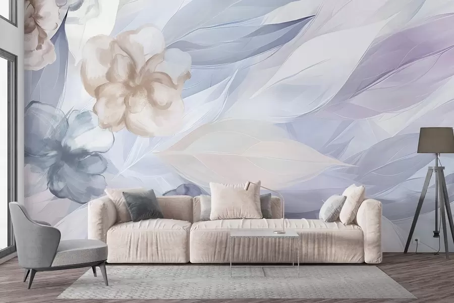 peintures murales Fleurs et feuilles délicates dans les tons de blanc, bleu, violet et beige fond floral, couleurs douces, pétales délicats w09111