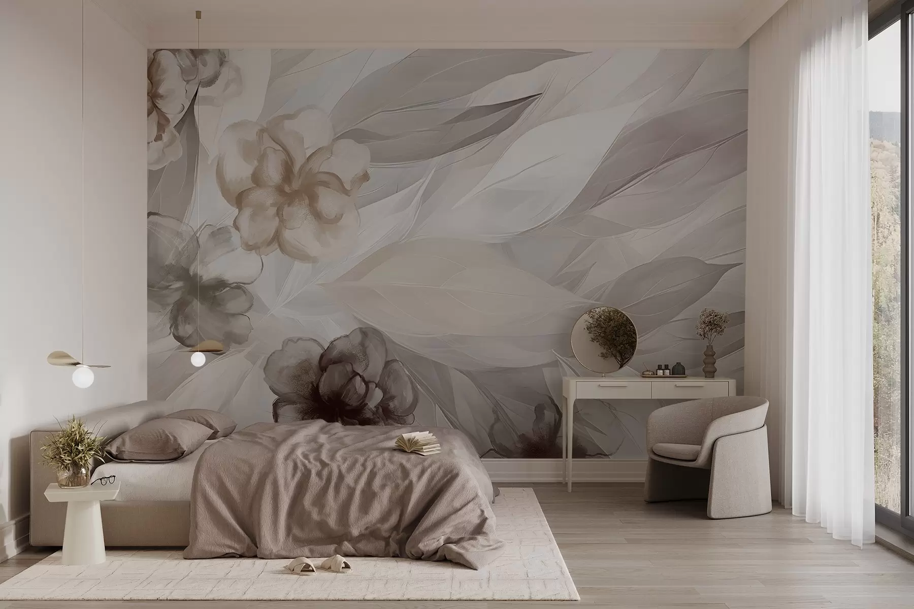 peintures murales Fleurs et feuilles délicates dans les tons blanc, marron et beige fond floral, couleurs douces, pétales délicats w09111v1