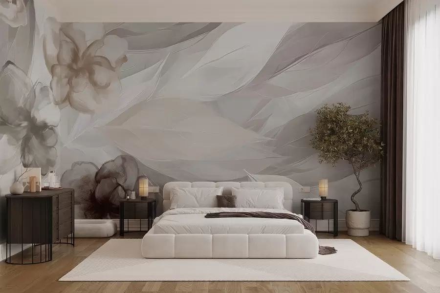 murales Delicadas flores y hojas en tonos blancos, marrones y beige, fondo floral, colores suaves y delicados pétalos w09111v1