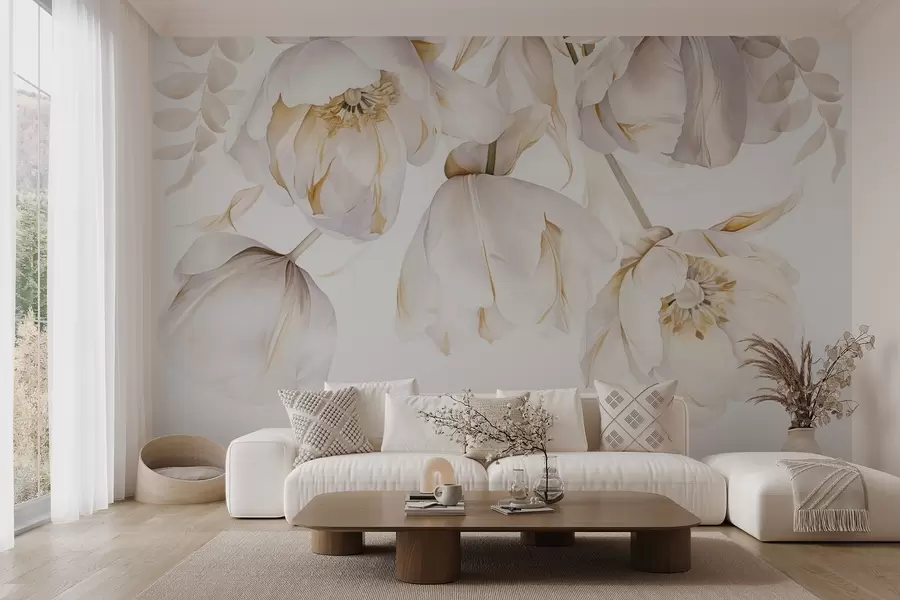murais de parede Tulipas brancas com pistilos amarelos, pétalas delicadas, arranjo floral elegante, composição delicada, sobre um fundo branco w09112