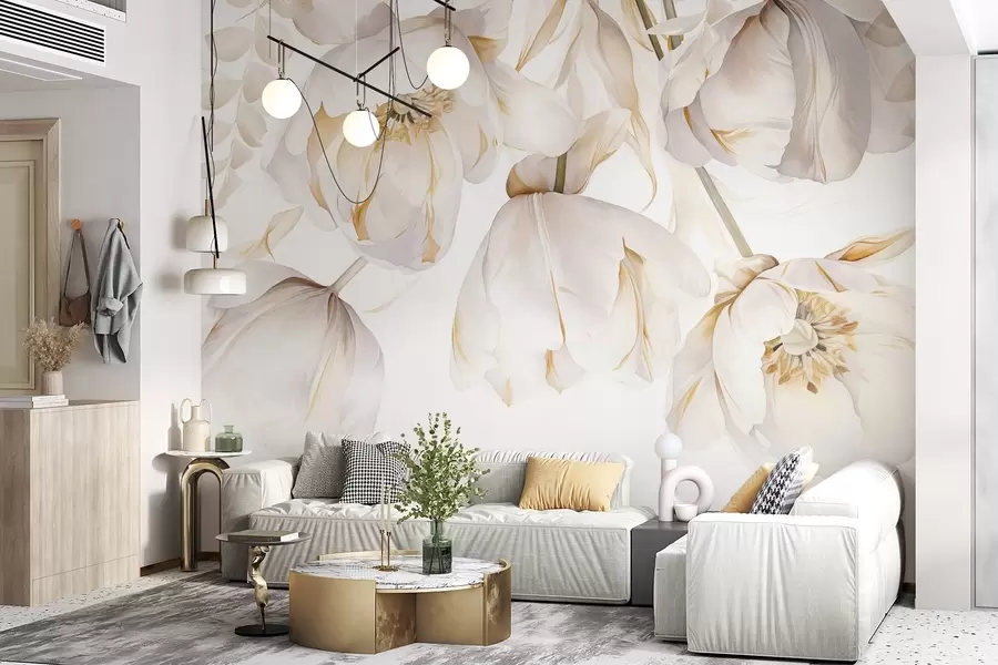 murales Tulipanes blancos con pistilos amarillos, delicados pétalos, elegante arreglo floral, delicada composición, sobre fondo blanco w09112