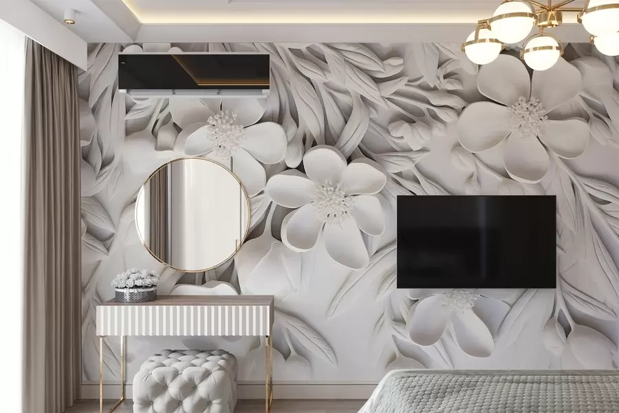 murales Flores blancas y hojas en un fondo blanco, floral elegante, diseño decorativo, detalles intrincados w09113