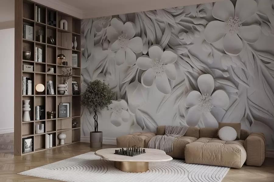 peintures murales Fleurs et feuilles blanches sur fond blanc, floral élégant, design décoratif, détails complexes w09113