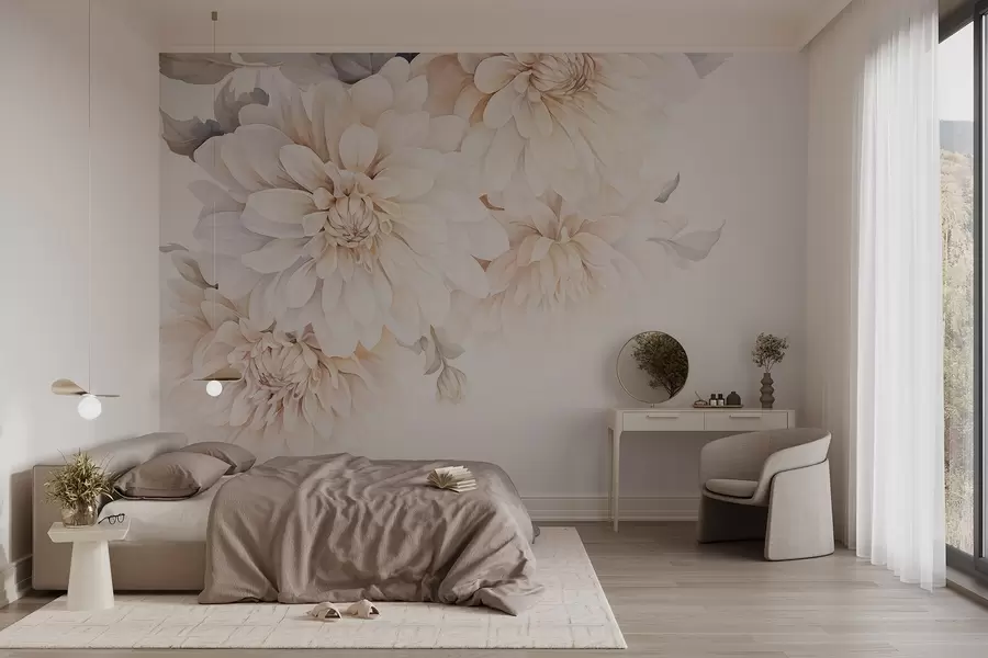 murales Dalias pastel con pétalos suaves y delicados de color melocotón y blanco claro en estilo acuarela, fondo suave w09115