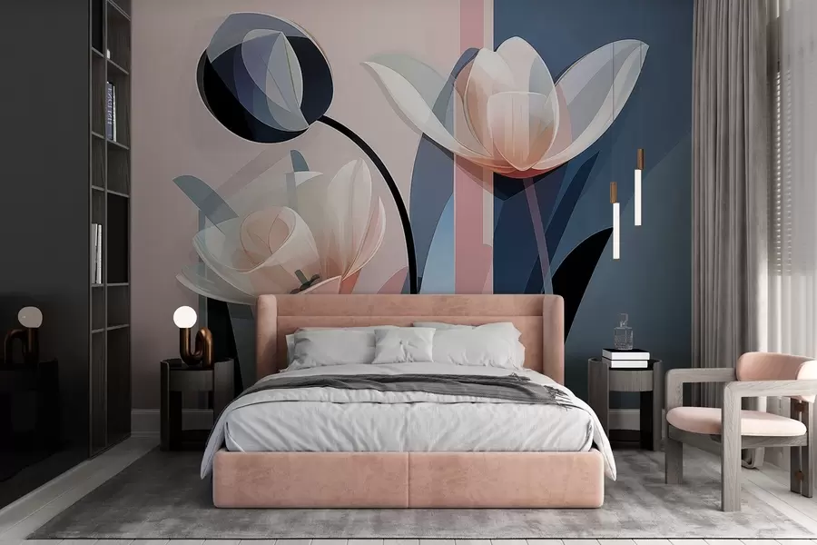 Wall Mural Photo Wallpaper Abstract modern design with tulips with transparent petals in pastel shades of pink, white, and dark blue w09116