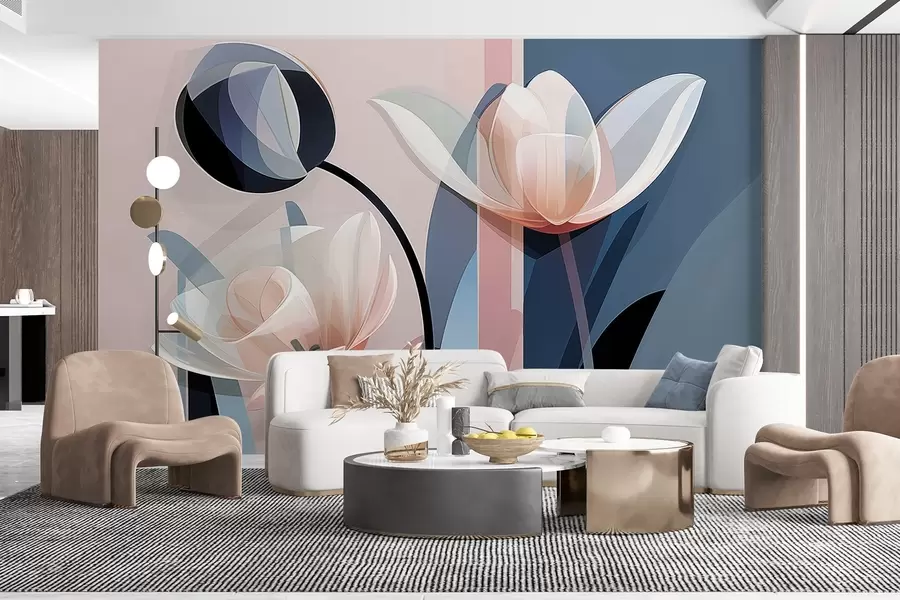 Wall Mural Photo Wallpaper Abstract modern design with tulips with transparent petals in pastel shades of pink, white, and dark blue w09116