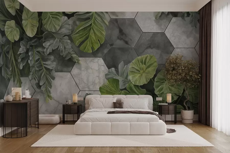 murales Hojas verdes tropicales y plantas sobre un fondo de azulejos grises y blancos con textura, exuberante follaje diseño moderno w09117