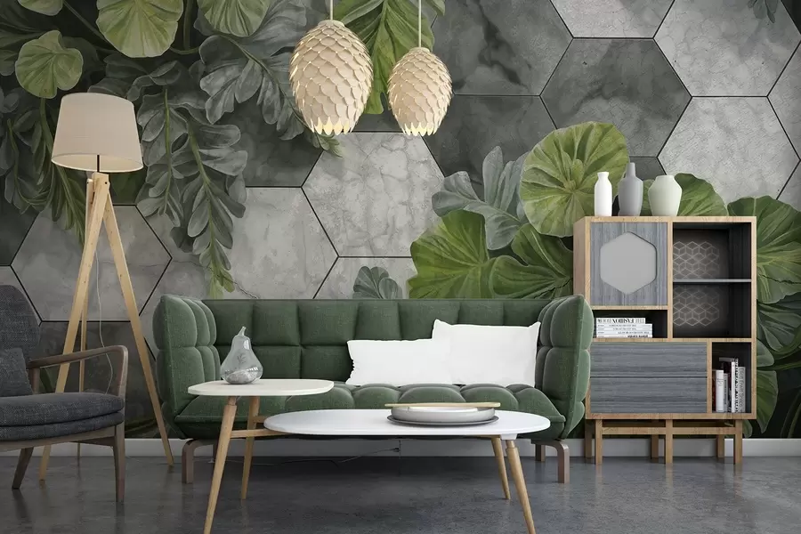 Wall Mural Photo Wallpaper Green tropical leaves and plants on a background of gray and white textured tiles, lush foliage modern design  w09117