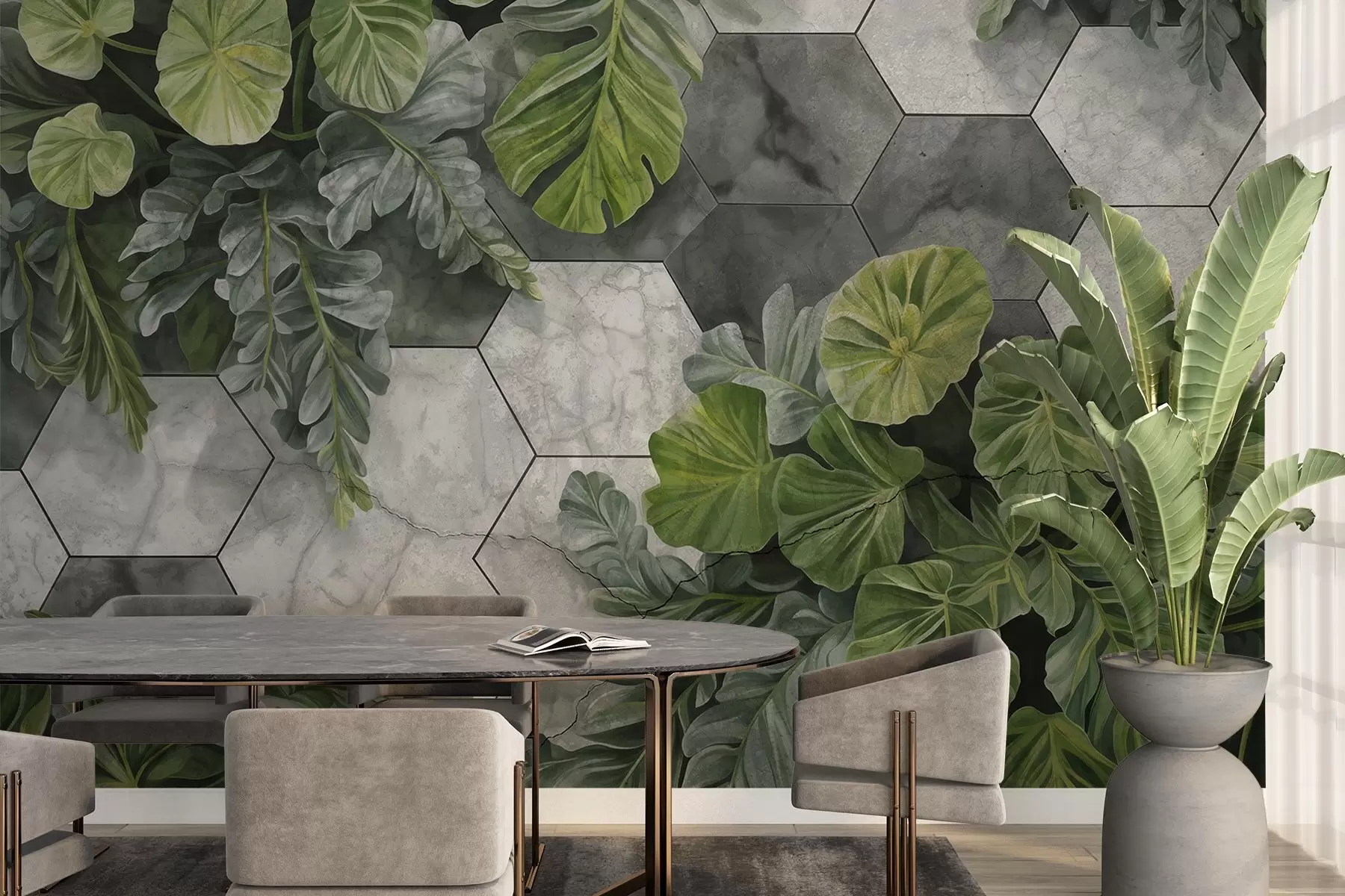Wall Mural Photo Wallpaper Green tropical leaves and plants on a background of gray and white textured tiles, lush foliage modern design  w09117