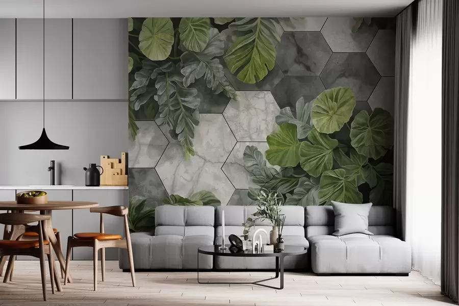 murales Hojas verdes tropicales y plantas sobre un fondo de azulejos grises y blancos con textura, exuberante follaje diseño moderno w09117