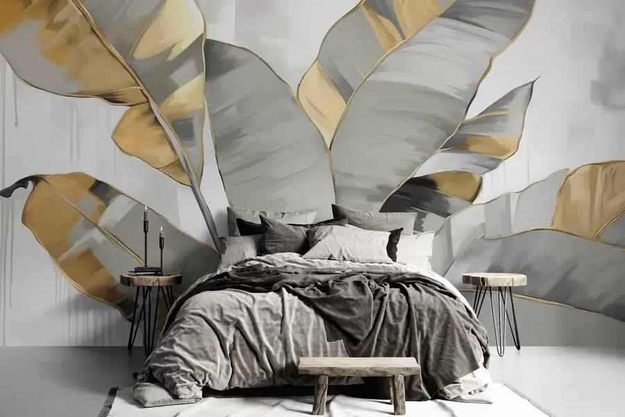 murais de parede Folhas texturizadas de bananeira tropical com tons de cinzento e amarelo, estilo moderno, fundo neutro, pintura decorativa w09118