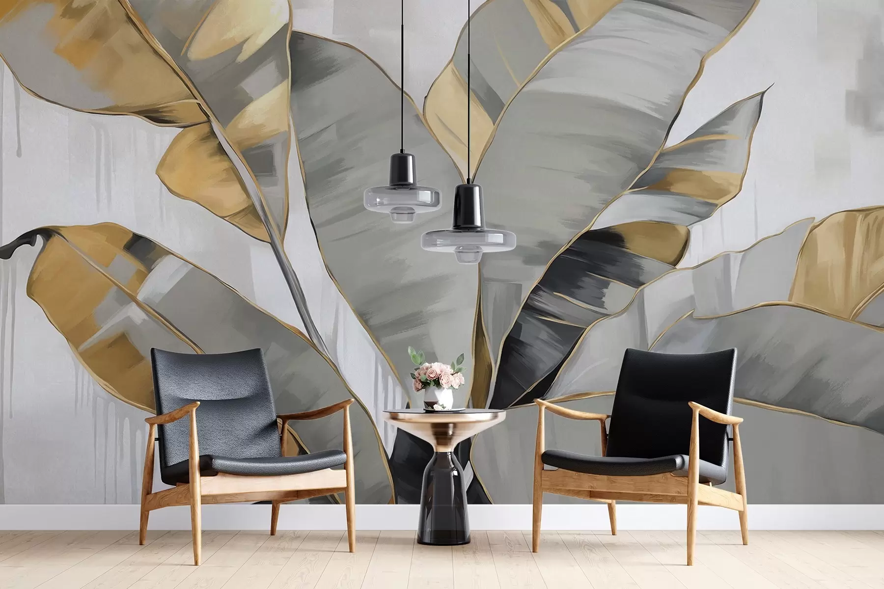 wall murals Banana tropical textured leaves with gray and yellow tones, modern style, neutral background, decorative painting w09118