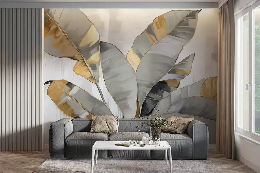 Wall Mural Photo Wallpaper Banana tropical textured leaves with gray and yellow tones, modern style, neutral background, decorative painting w09118