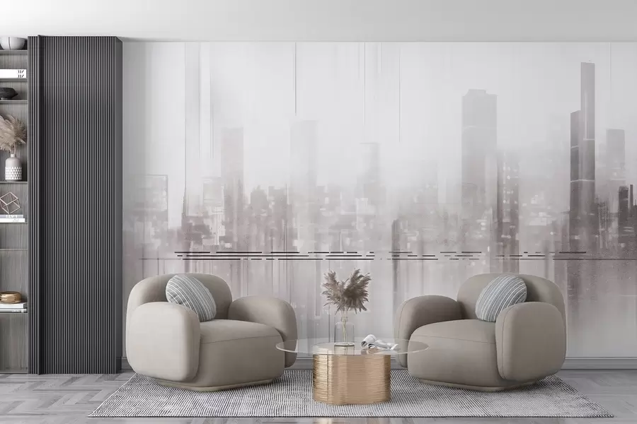 murales Paisaje urbano abstracto texturizado con edificios altos y franjas, en tonos grises y blancos, creando un efecto brumoso w09119