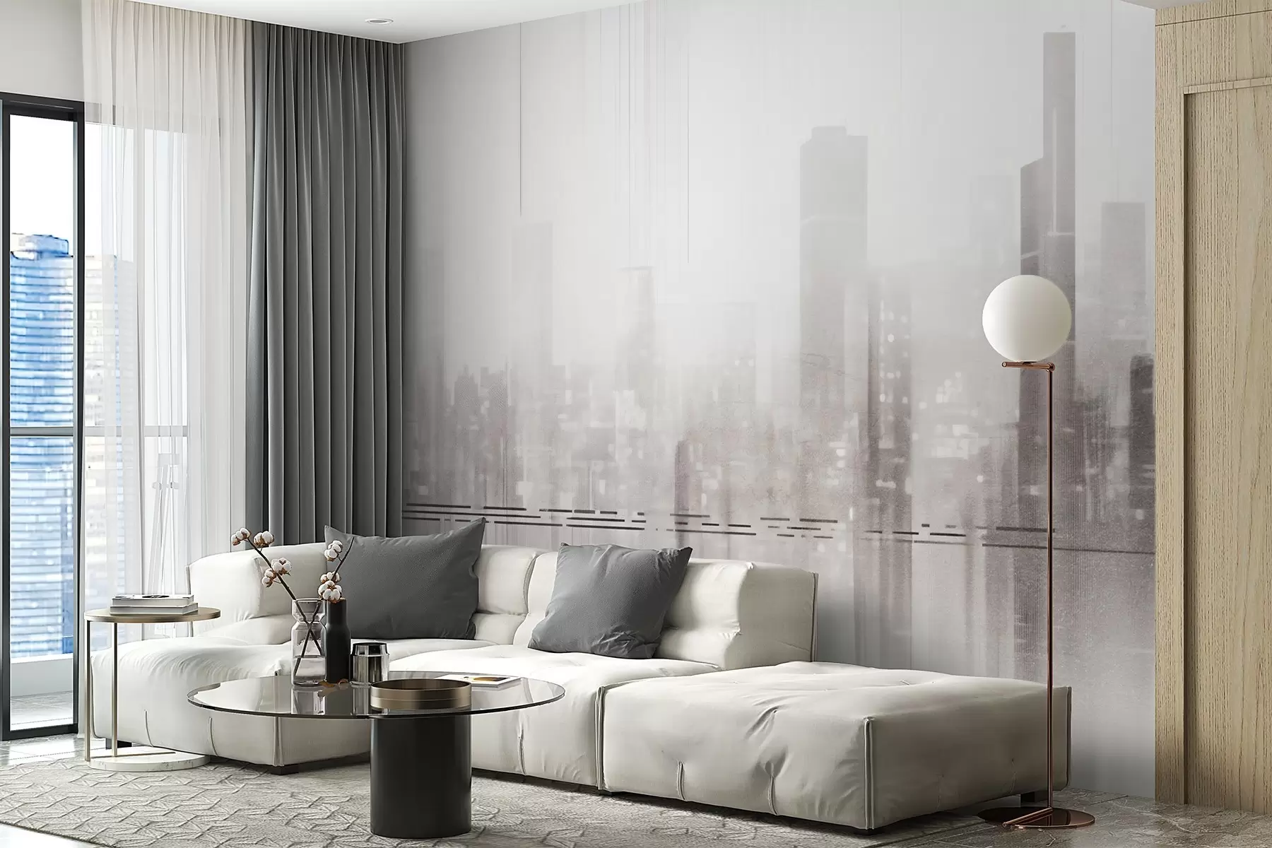 wall murals Abstract textured cityscape with tall buildings and strips, in shades of gray and white, creating a hazy effect w09119