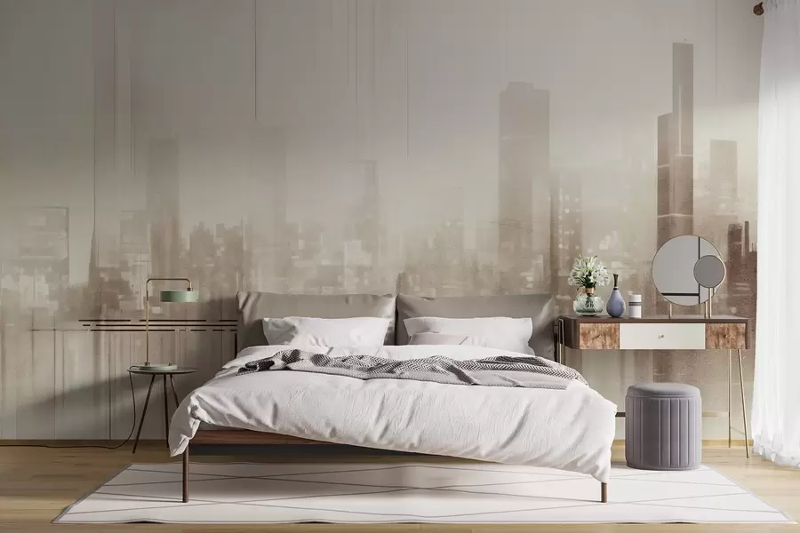 Wall Mural Photo Wallpaper Abstract textured cityscape with tall buildings and strips, in shades of beige and white, creating a hazy effect w09119v1