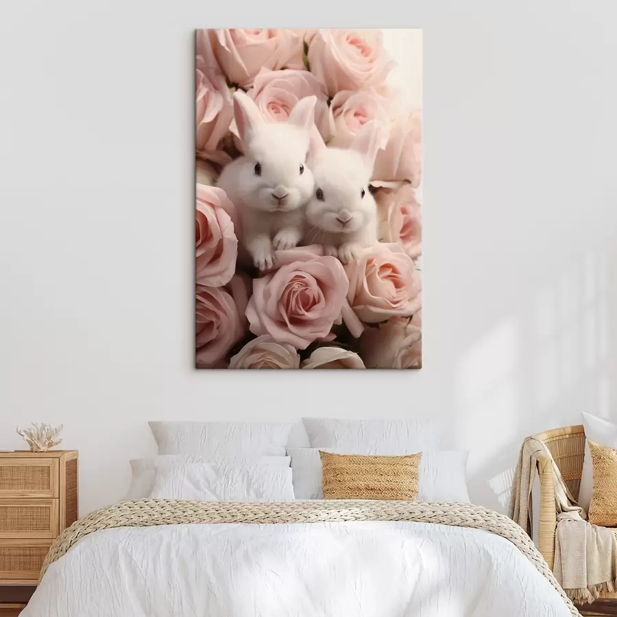 murales Dos conejos blancos en delicadas flores rosas s44380