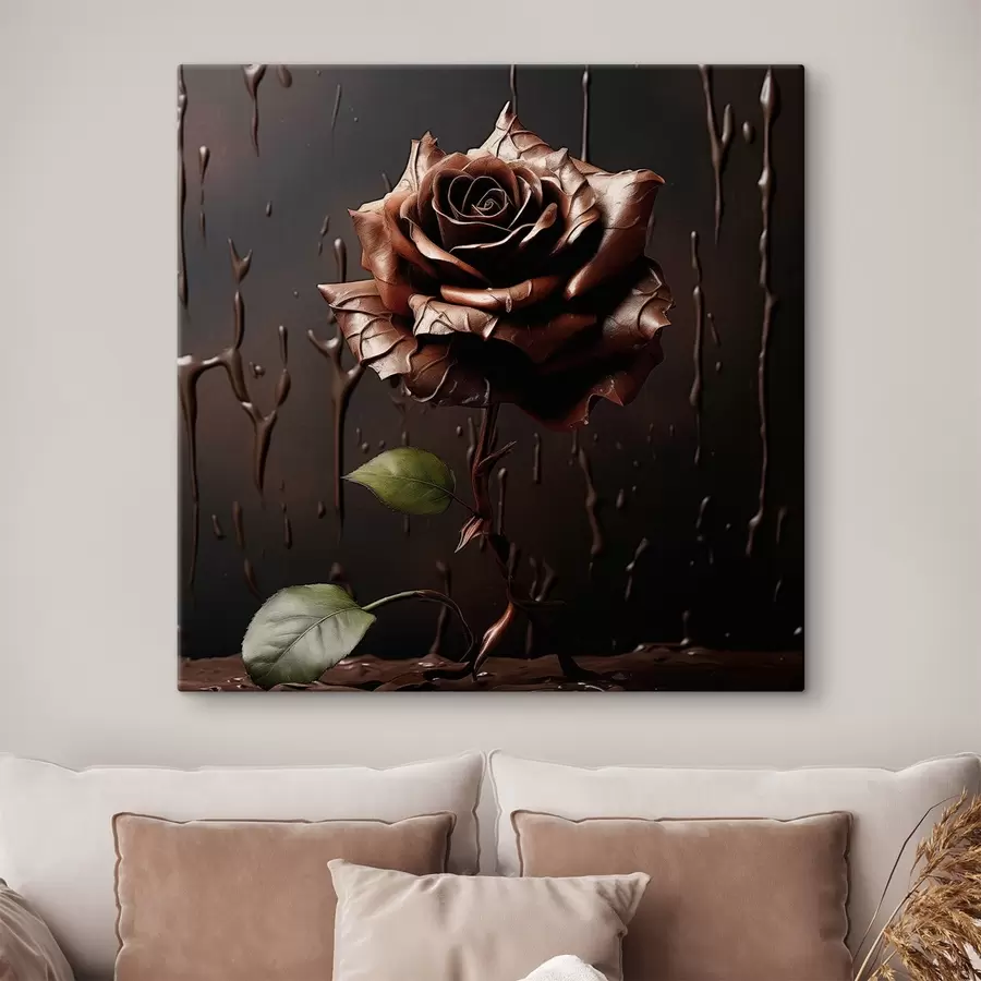 wall murals Brown rose on a dark background with chocolate splashes s44381