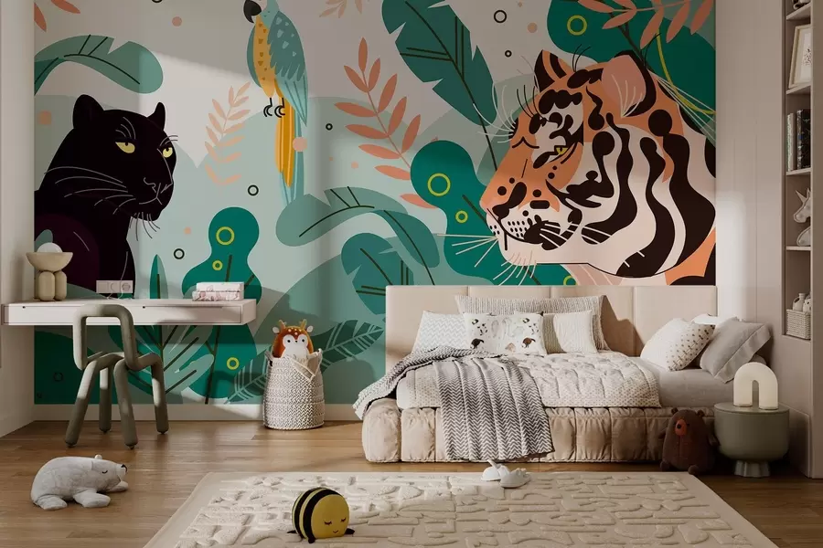 peintures murales jungle avec un tigre, une panthère et un perroquet w03958