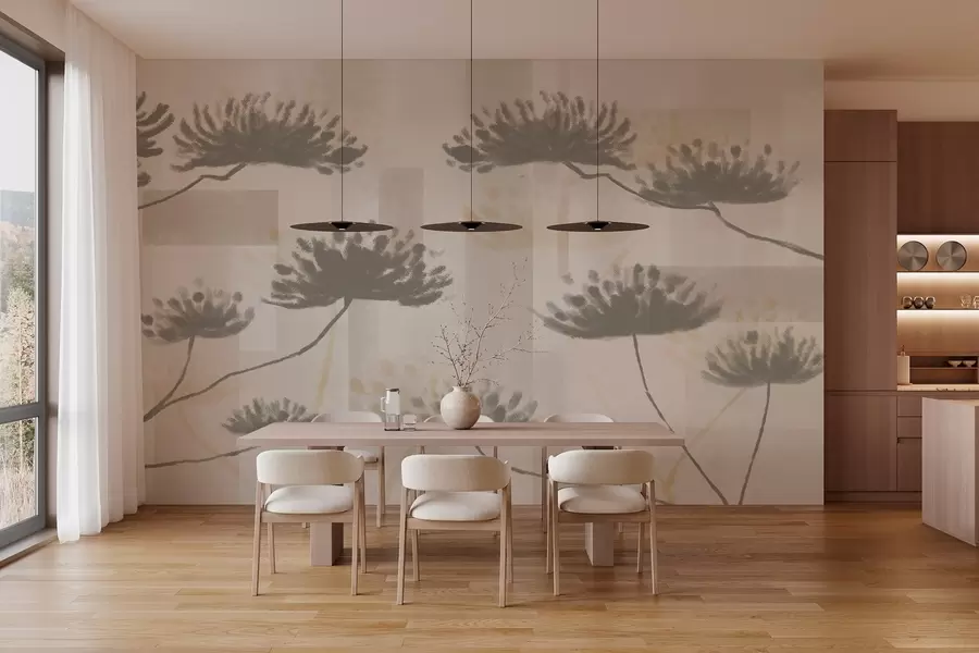 Wall Mural Photo Wallpaper textured geometry in beige and cream tones with stylized umbrella flowers w03960